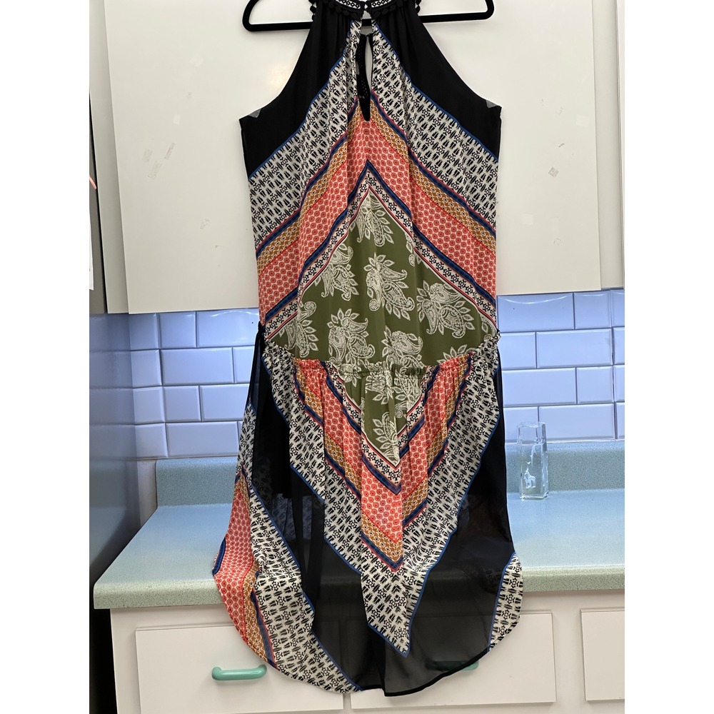 DR2 Women Black Mixed Print Halter Dress Crochet Bib Handkerchief Hem Large - Picture 3 of 6